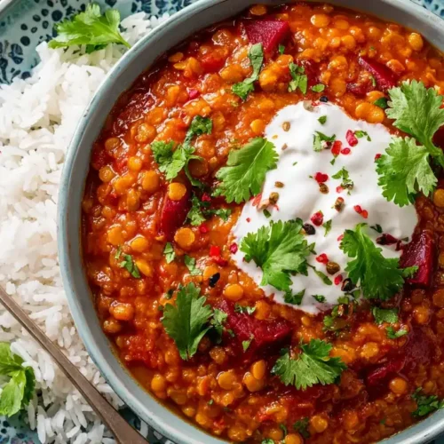 Leuchtendes Rote-Bete-Curry mit roten Linsen, garniert mit frischem Koriander und Joghurt, serviert mit Basmatireis