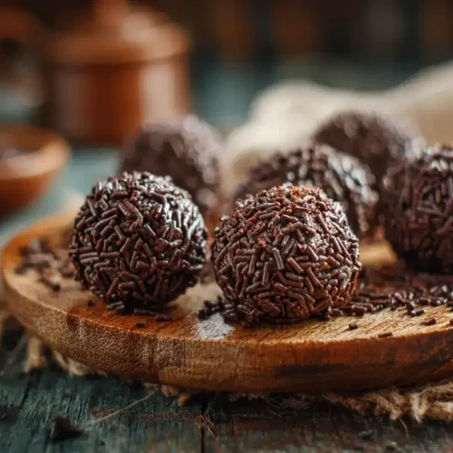 Rumkugeln aus Kuchenresten auf Teller mit Schokostreuseln