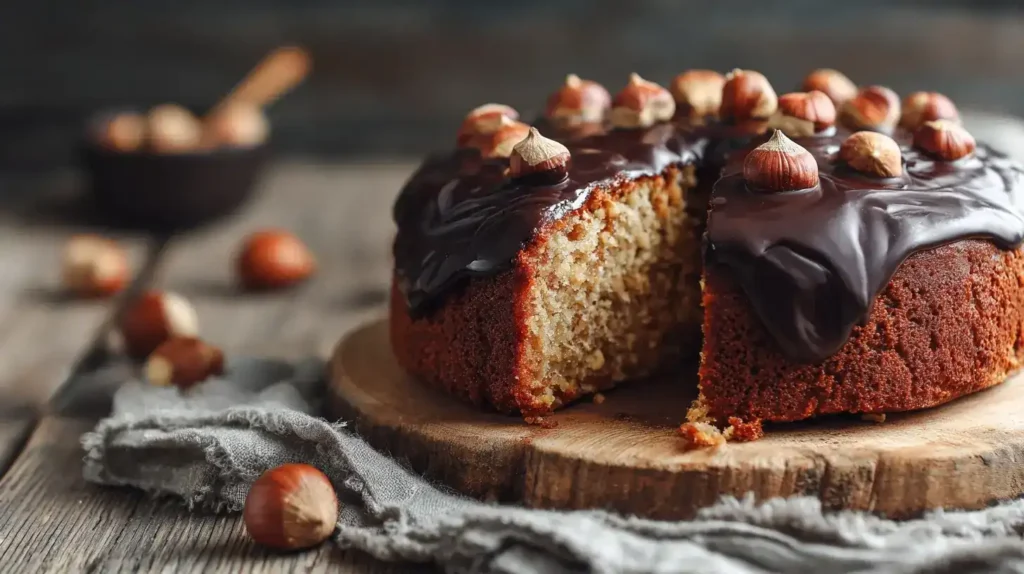 Anschnitt vom saftigen Nusskuchen ohne Mehl – luftige und aromatische Konsistenz