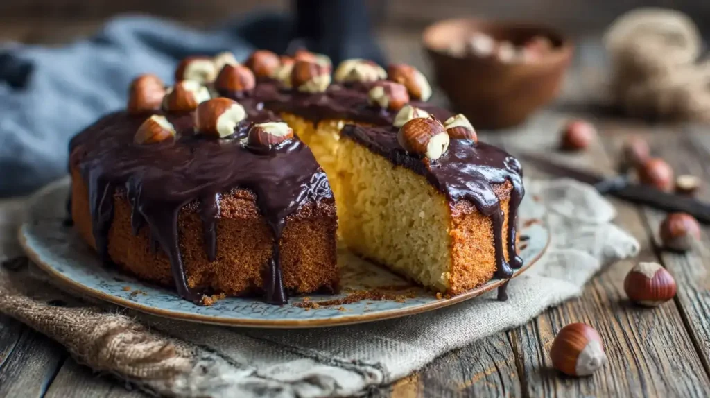Saftiger Nusskuchen ohne Mehl mit Schokoladenglasur und Nüssen dekoriert