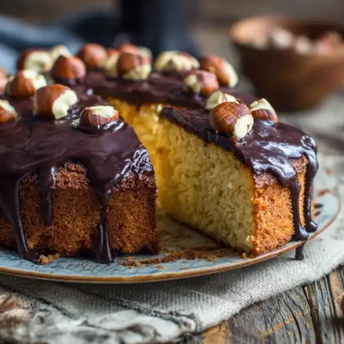 Saftiger Nusskuchen ohne Mehl mit Schokoladenglasur und Nüssen dekoriert
