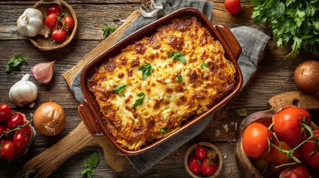 Frisch gebackener Sauerkraut-Auflauf mit goldbraunem Käse in rustikaler Auflaufform