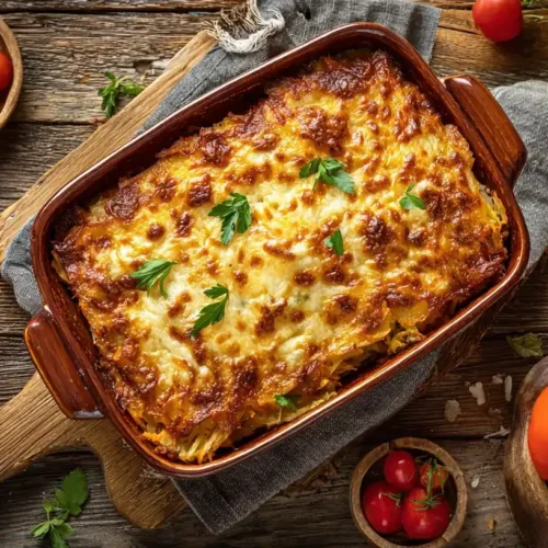 Frisch gebackener Sauerkraut-Auflauf mit goldbraunem Käse in rustikaler Auflaufform