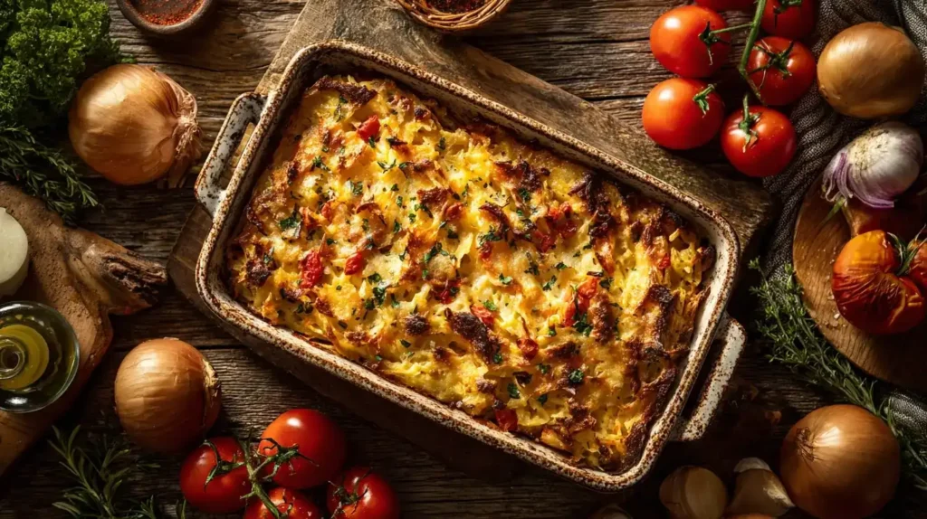 Zutaten für Sauerkraut-Auflauf – Hackfleisch, Sauerkraut, Tomaten, Zwiebeln und Käse auf Küchentheke