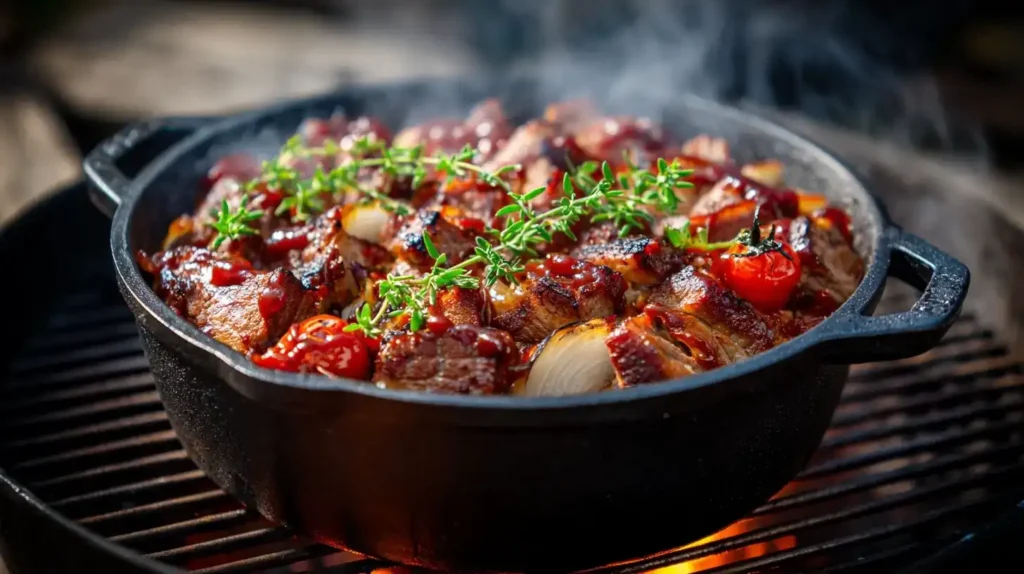 Schichtfleisch im Dutch Oven mit Bacon, Zwiebeln und BBQ-Soße auf dem Grill