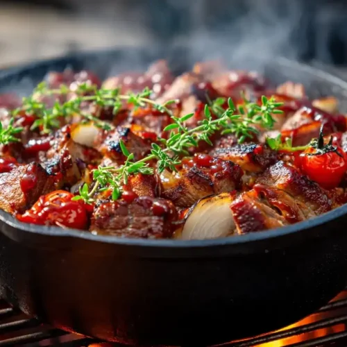 Schichtfleisch im Dutch Oven mit Bacon, Zwiebeln und BBQ-Soße auf dem Grill