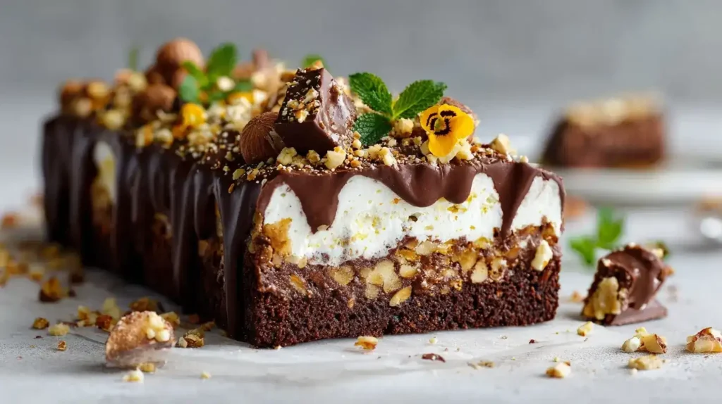 Frisch geschnittene Schokobon-Schnitten vom Blech mit glänzender Ganache