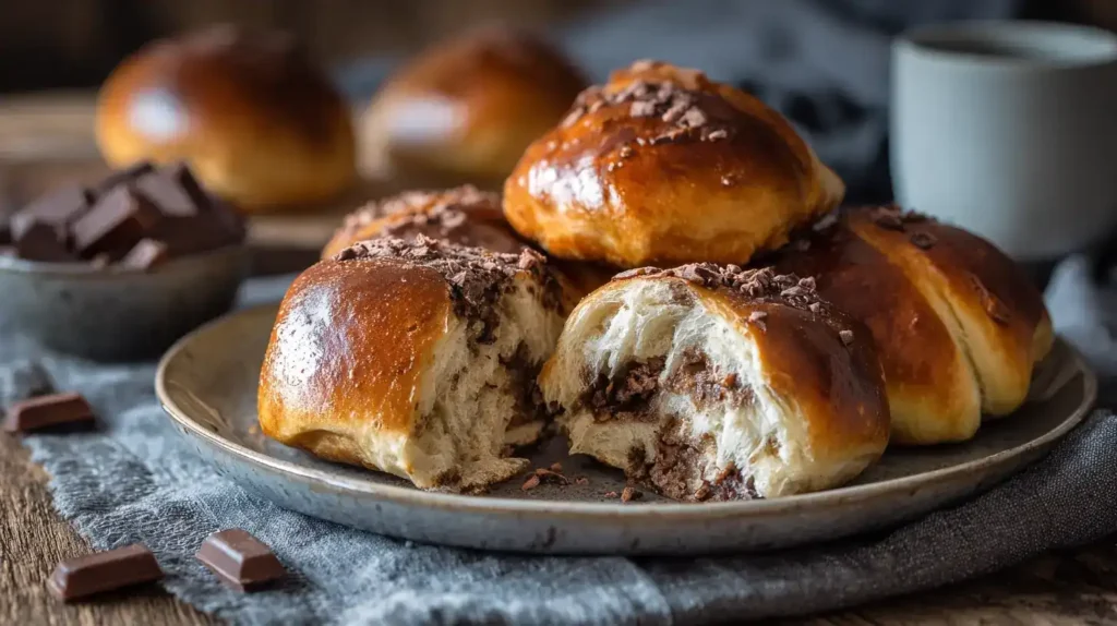 Aufgeschnittenes Schokobrötchen zeigt weichen, fluffigen Teig und schmelzende Schokolade
