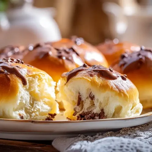 Frisch gebackene Schokobrötchen mit goldbrauner Kruste und geschmolzenen Schokotropfen auf einem Backblech