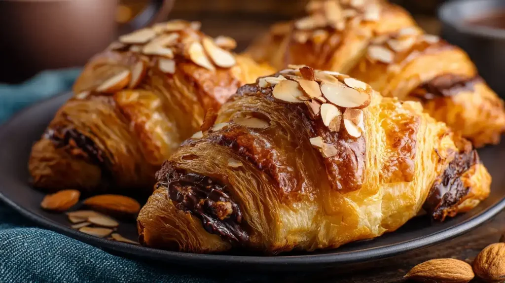 Servierte Schokocroissants aus der Heißluftfritteuse auf einem Frühstückstisch mit Mandeln
