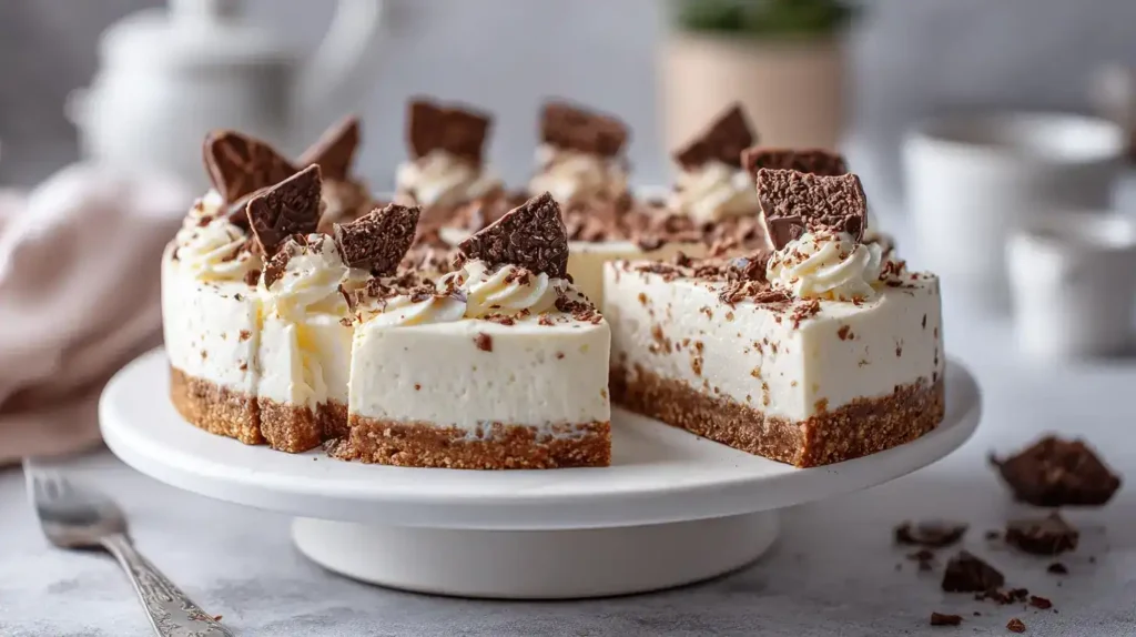 Ein Stück Schokokuss-Torte mit Schokokuss-Boden als Dekoration serviert