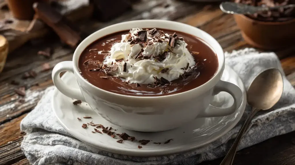 Schokoladensuppe mit Sahne und Schokoladenraspeln als Topping