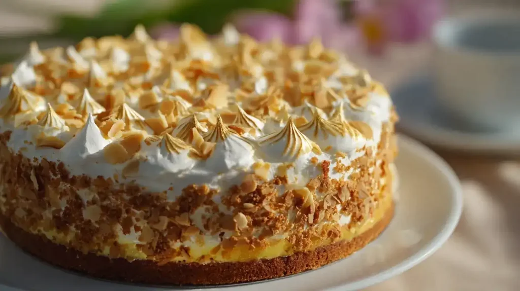 Schwimmbadtorte mit Stachelbeerfüllung, Sahne und Baiser auf Tortenplatte