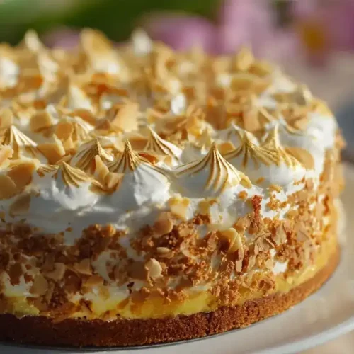 Schwimmbadtorte mit Stachelbeerfüllung, Sahne und Baiser auf Tortenplatte