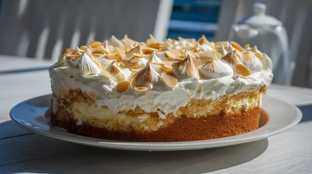 Querschnitt der Schwimmbadtorte mit cremiger Sahne und fruchtiger Stachelbeerfüllung