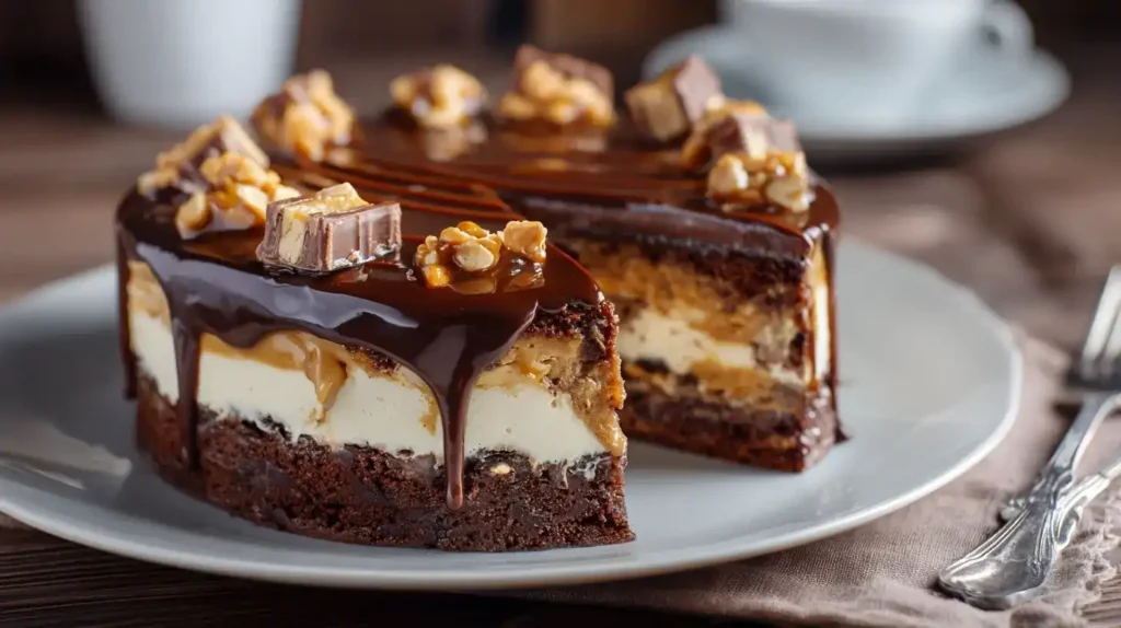 Ganze Snickers-Torte mit Schokoladenglasur und Snickersstücken dekoriert