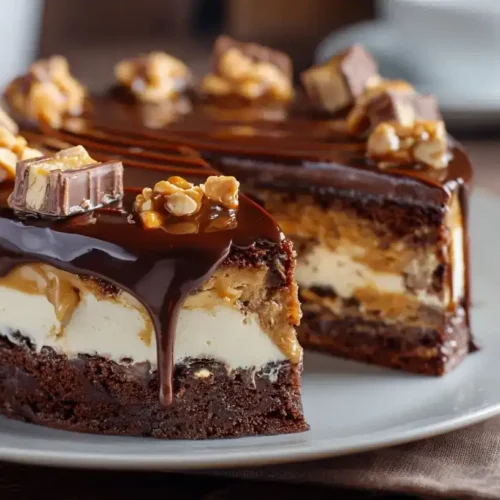 Ganze Snickers-Torte mit Schokoladenglasur und Snickersstücken dekoriert