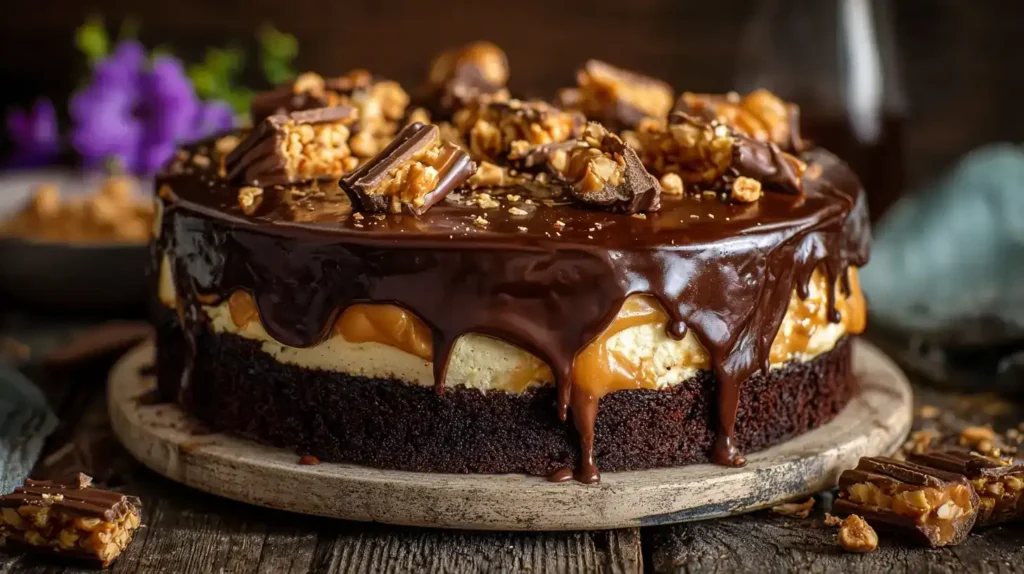 Stück Snickers-Torte auf Teller mit Karamell und Erdnusscreme