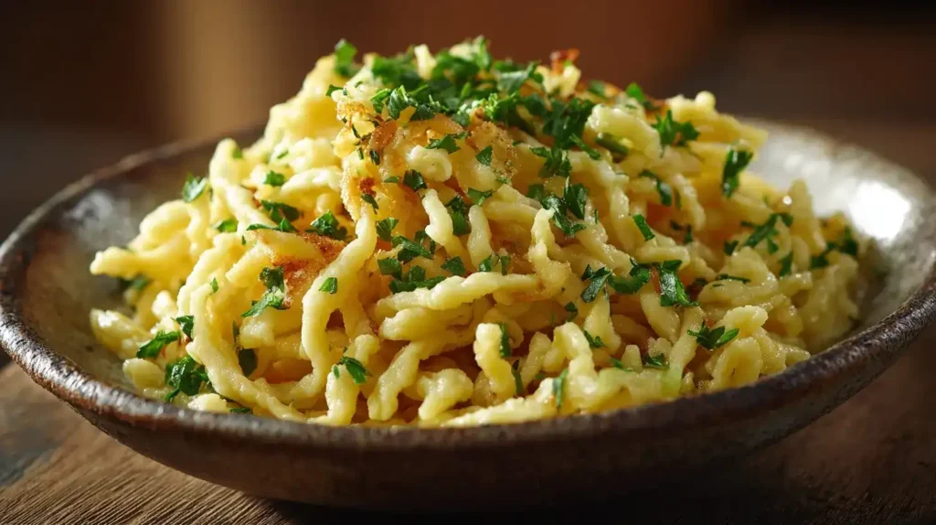 Hausgemachte Spätzle nach Omas Rezept, serviert in rustikaler Keramikschale