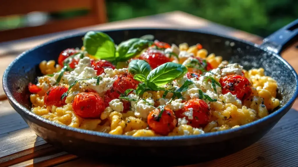 Nahaufnahme einer Spätzlepfanne mit geschmolzenem Feta und frischen Tomaten