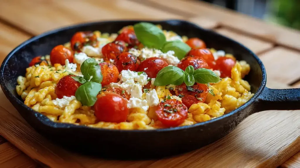 Spätzlepfanne mit Feta und Tomaten in rustikaler Pfanne serviert