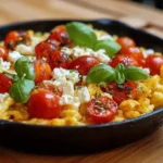 Spätzlepfanne mit Feta und Tomaten in rustikaler Pfanne serviert
