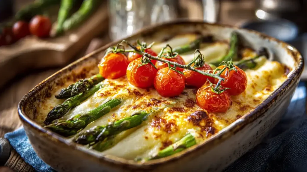 Spargel-Cannelloni-Auflauf Spargel-Cannelloni-Auflauf frisch aus dem Ofen, mit goldbraunem Käse und Cherrytomaten