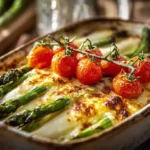 Spargel-Cannelloni-Auflauf frisch aus dem Ofen, mit goldbraunem Käse und Cherrytomaten