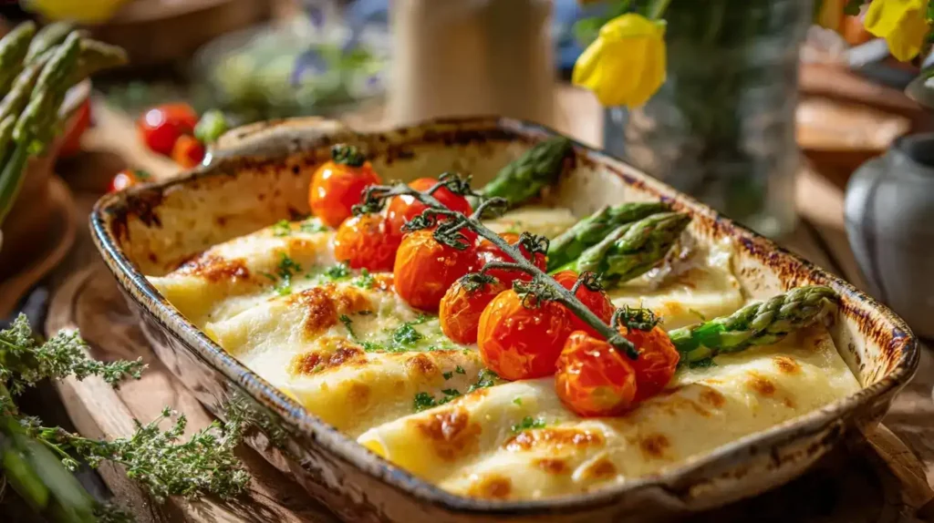 Servierter Spargel-Cannelloni-Auflauf auf einem Teller, cremig und frühlingshaft angerichtet