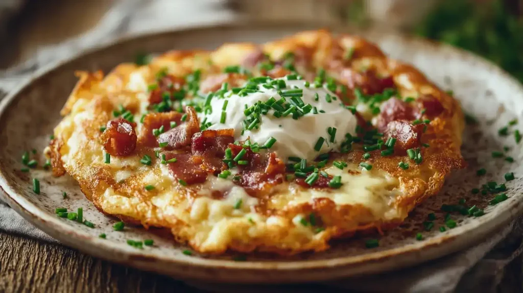 Servierfertiger Speckpfannkuchen mit Käse, Schmand und frischen Kräutern, Frühstückstisch
