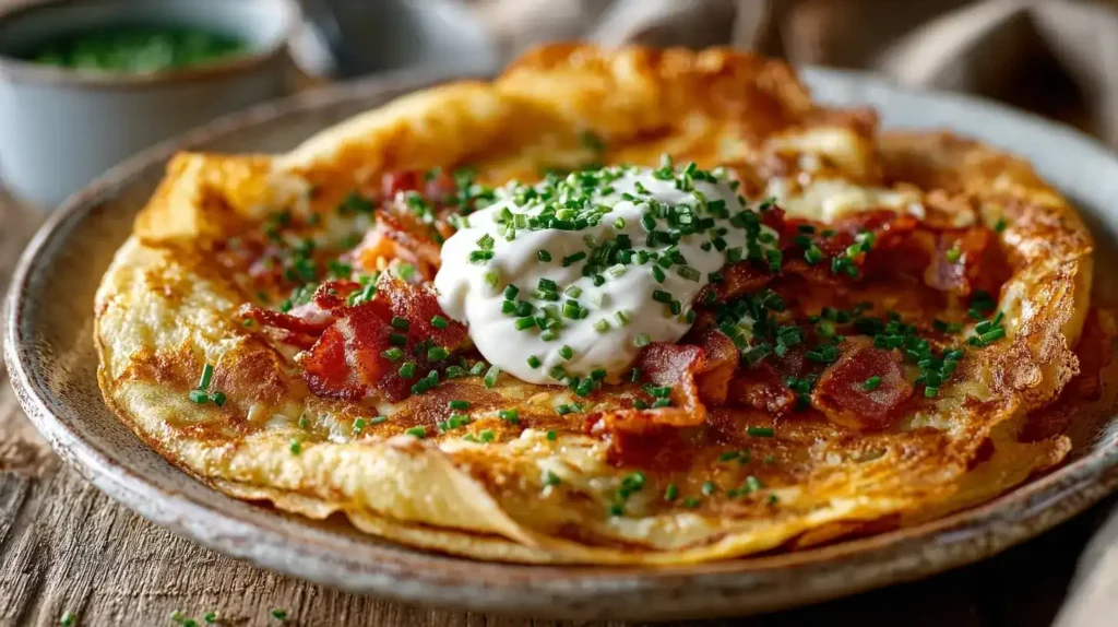 Speckpfannkuchen mit knusprigem Speck, Käse und frischem Schnittlauch auf einem Teller