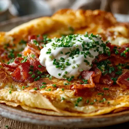 Speckpfannkuchen mit knusprigem Speck, Käse und frischem Schnittlauch auf einem Teller