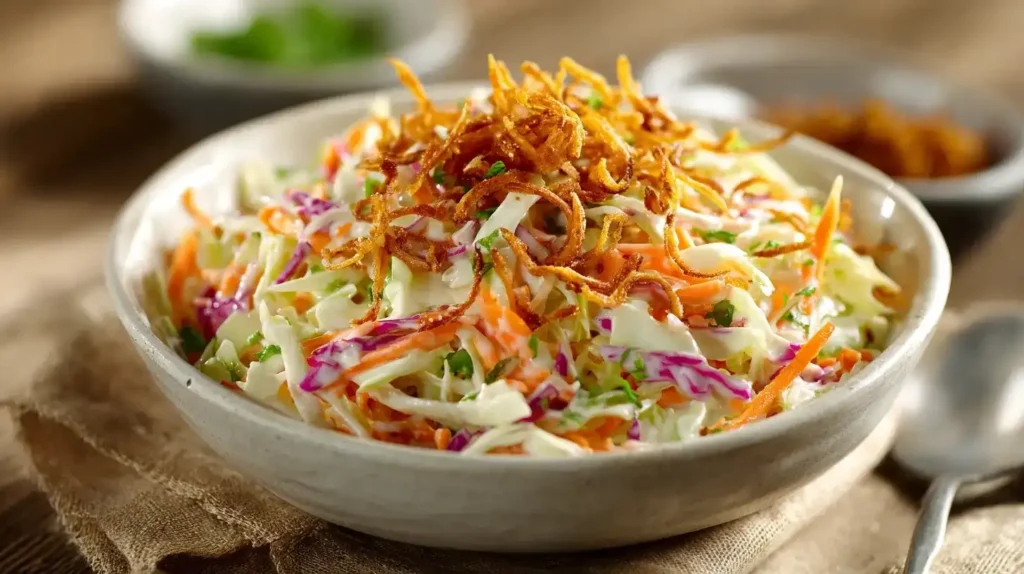 Frischer Spitzkohl-Möhren-Coleslaw mit knusprigen Röstzwiebeln in einer Servierschüssel