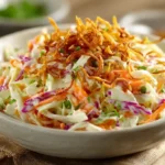 Frischer Spitzkohl-Möhren-Coleslaw mit knusprigen Röstzwiebeln in einer Servierschüssel