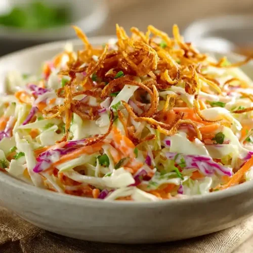 Frischer Spitzkohl-Möhren-Coleslaw mit knusprigen Röstzwiebeln in einer Servierschüssel