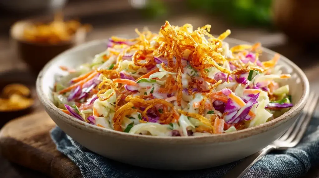 Cremiger Spitzkohl-Möhren-Coleslaw, garniert mit goldbraunen Röstzwiebeln auf Holzuntergrund