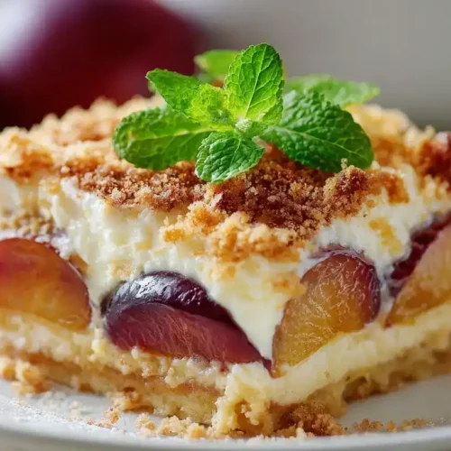 Ganze Süße Pflaumen-Lasagne mit Quarkcreme und Zimt, serviert in Auflaufform