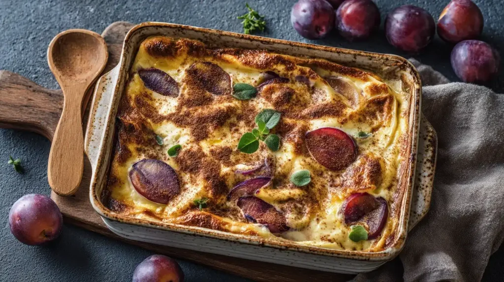Nahaufnahme eines Stücks Süße Pflaumen-Lasagne mit cremiger Quarkfüllung und Pflaumen