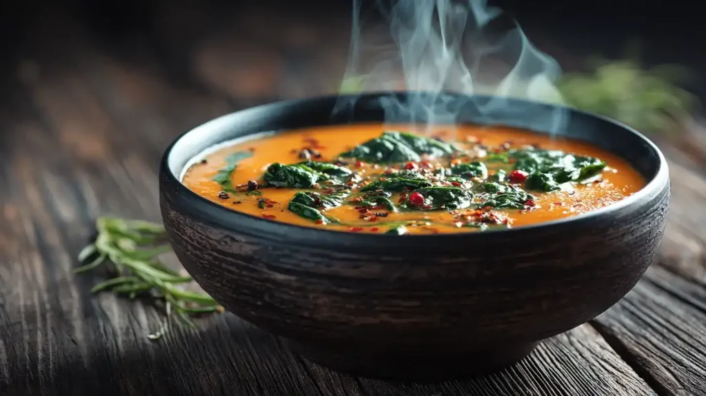 Cremige Süßkartoffel-Bohnensuppe in einer Schale mit frischem Spinat und Kräutern