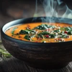 Cremige Süßkartoffel-Bohnensuppe in einer Schale mit frischem Spinat und Kräutern