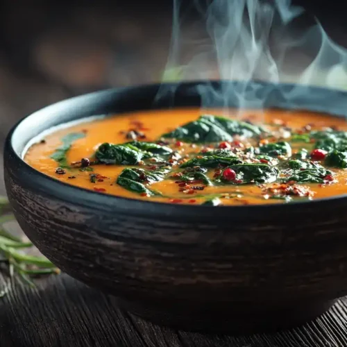 Cremige Süßkartoffel-Bohnensuppe in einer Schale mit frischem Spinat und Kräutern