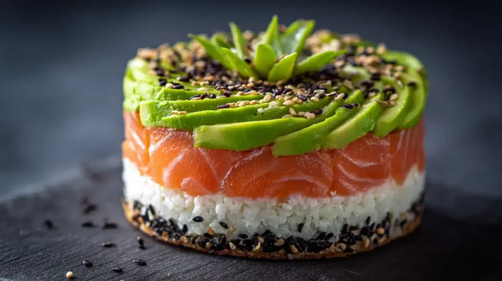 Sushi-Torte mit frischem Lachs, Avocado und Wasabi-Mayonnaise, dekoriert mit Sesam