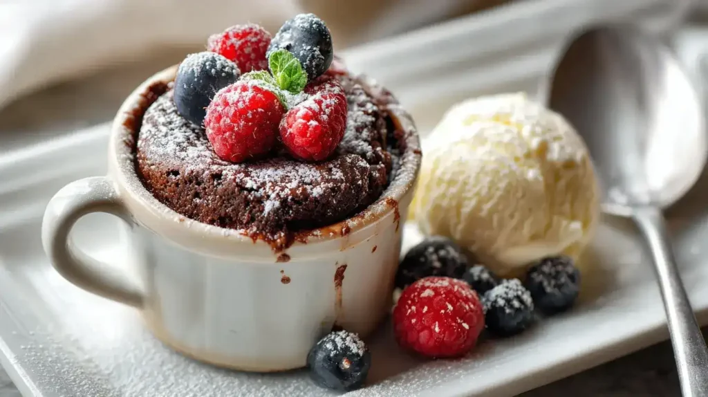 Saftiger Tassenkuchen aus dem Airfryer mit Schokolade und Banane, serviert in kleiner Tasse