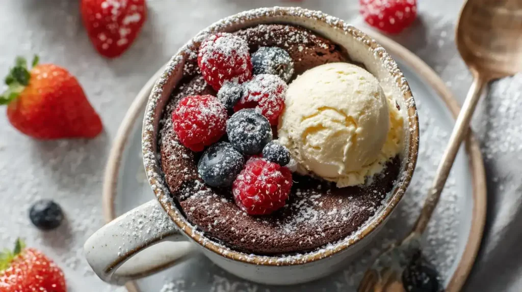 Luftiger Tassenkuchen aus dem Airfryer mit Puderzucker bestäubt, serviert mit Beeren und Vanilleeis