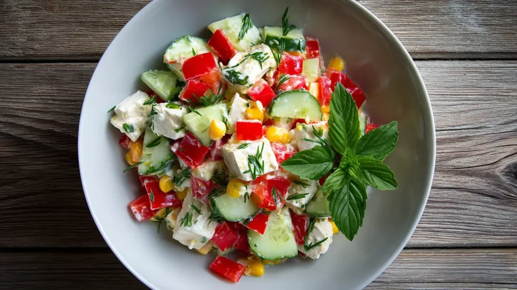 Frischer Thunfischsalat mit Hüttenkäse, Paprika, Gurke und Mais in einer weißen Schüssel