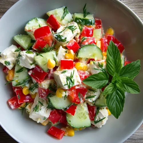 Frischer Thunfischsalat mit Hüttenkäse, Paprika, Gurke und Mais in einer weißen Schüssel