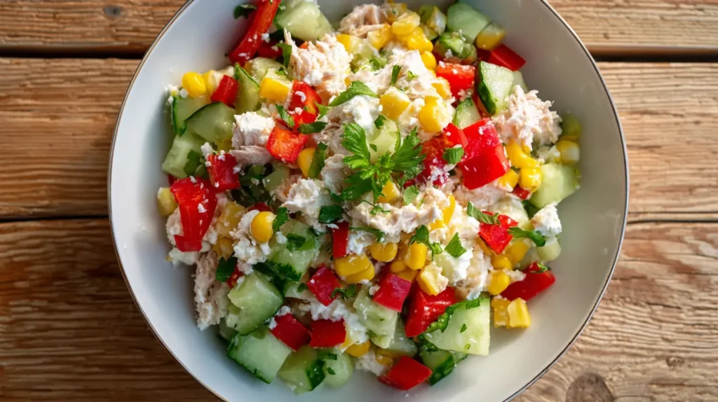 Servierfertiger Thunfischsalat mit Hüttenkäse auf Holztisch, garniert mit frischer Petersilie