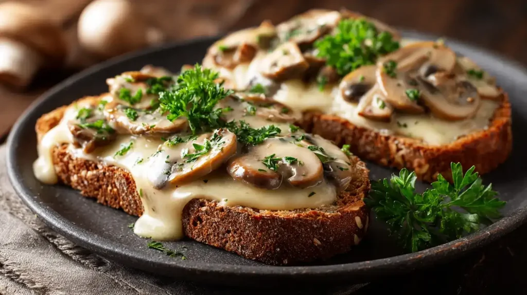 Zwei Scheiben Vollkorntoast mit cremiger Pilz-Käse-Soße und Petersilie garniert