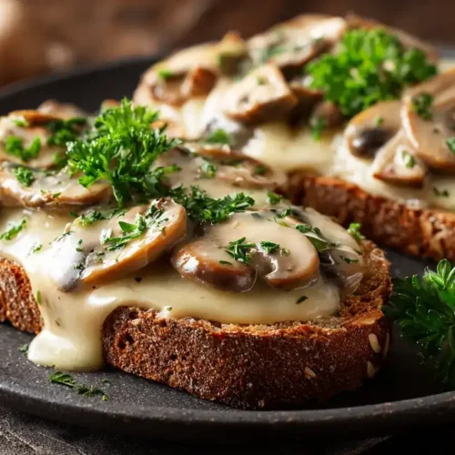 Zwei Scheiben Vollkorntoast mit cremiger Pilz-Käse-Soße und Petersilie garniert
