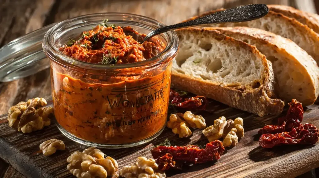 Tomate-Walnuss-Aufstrich serviert als Dip mit Gemüsesticks